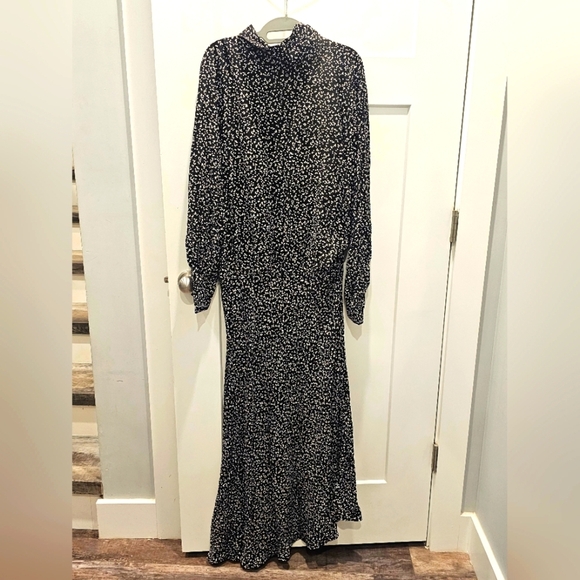 Zara Black White Dotted Midi Dress M Long Sleeve Mock Neck Waist Detail - Picture 1 of 7